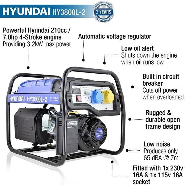 Hyundai HY3800L-2 3.2kW / 4kVA Recoil Start Site Petrol Generator