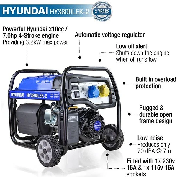 Hyundai HY3800LEK-2 3.2kW / 4.00kVA Electric Start Site Petrol Generator