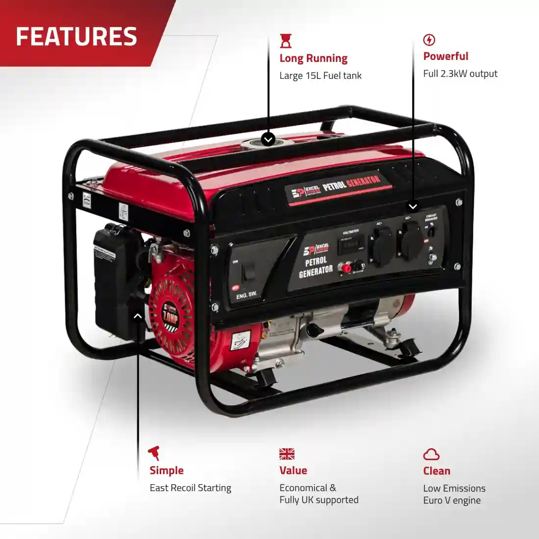 Excel Power XL2200E 2.3kW Open Frame Petrol Generator